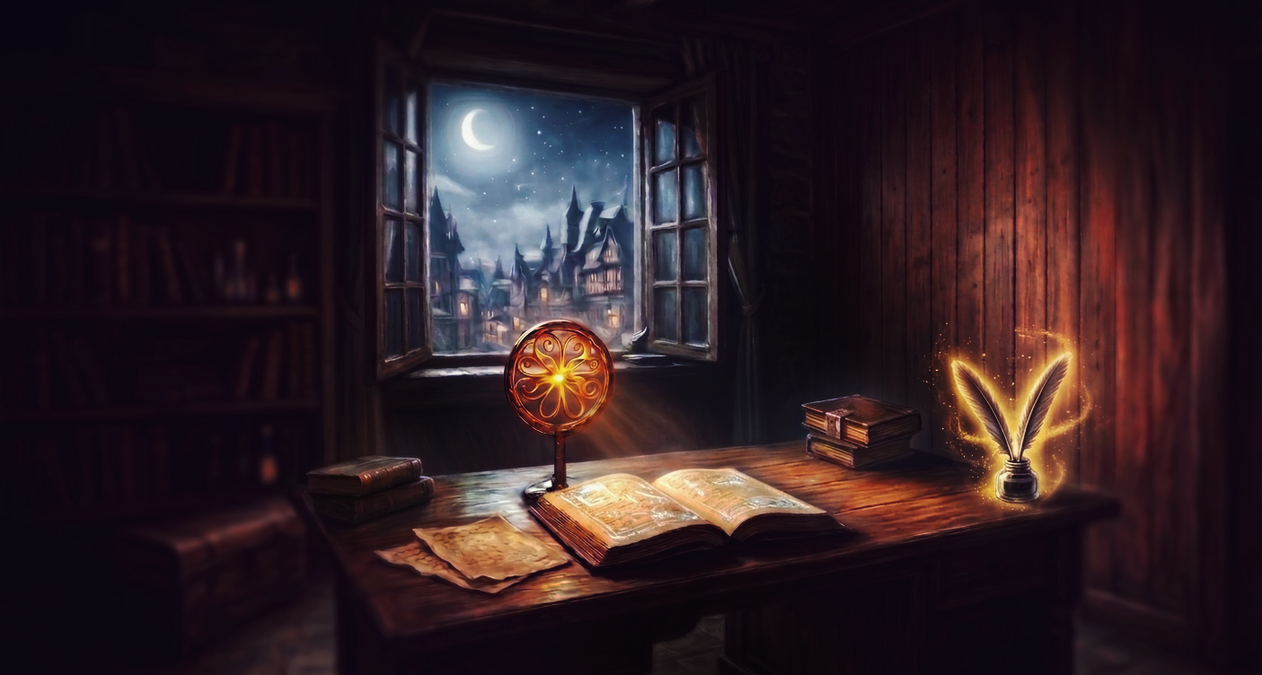 A candlelit writer's study at night: an open notebook, a quill in its inkpot and a stack of bound books on a wooden desk, beneath a window over a moonlit town